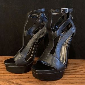 BEBE Black Strapped Platform Pumps